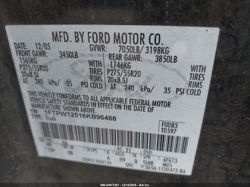 2006 Ford F-150 Lariat/Xlt VIN: 1FTPW12516KB96488 Lot: 43977287