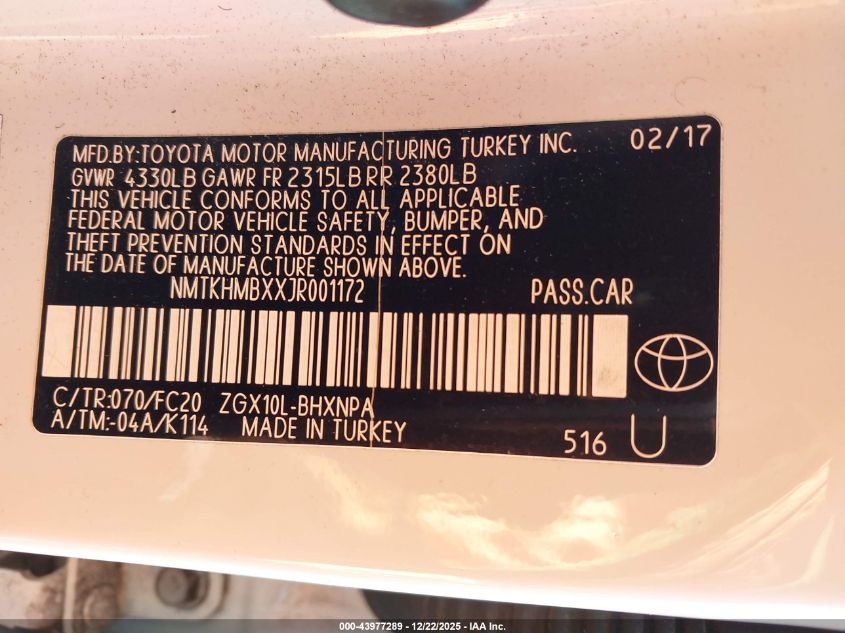 2018 Toyota C-Hr Xle Premium VIN: NMTKHMBXXJR001172 Lot: 43977289