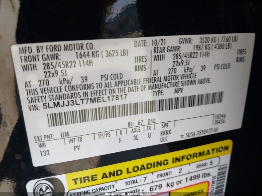 2021 Lincoln Navigator Reserve L VIN: 5LMJJ3LT7MEL17817 Lot: 43977290