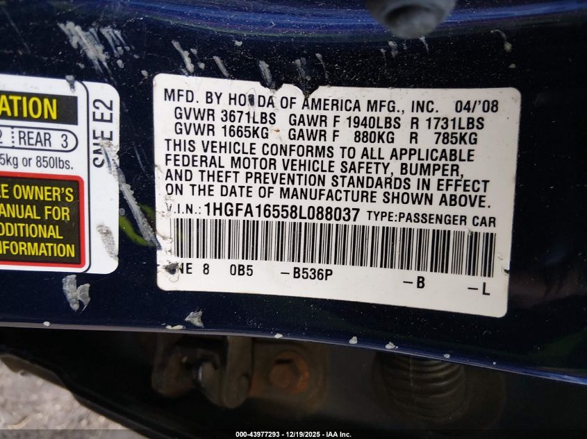 2008 Honda Civic Lx VIN: 1HGFA16558L088037 Lot: 43977293