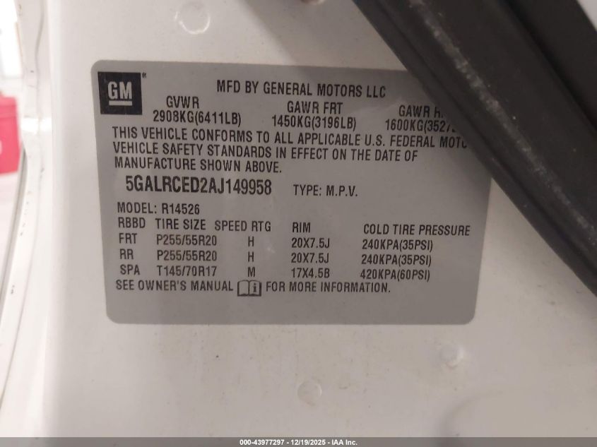 2010 Buick Enclave 2Xl VIN: 5GALRCED2AJ149958 Lot: 43977297