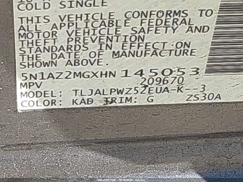 2017 Nissan Murano S VIN: 5N1AZ2MGXHN145053 Lot: 43977300