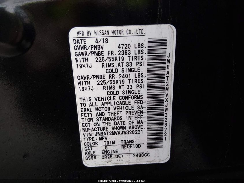 2018 Nissan Rogue Sl VIN: JN8AT2MVXJW328221 Lot: 43977304