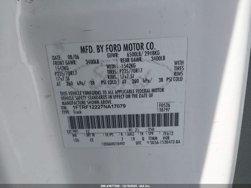 2007 Ford F-150 Stx/Xl/Xlt VIN: 1FTRF12227NA17079 Lot: 43977308