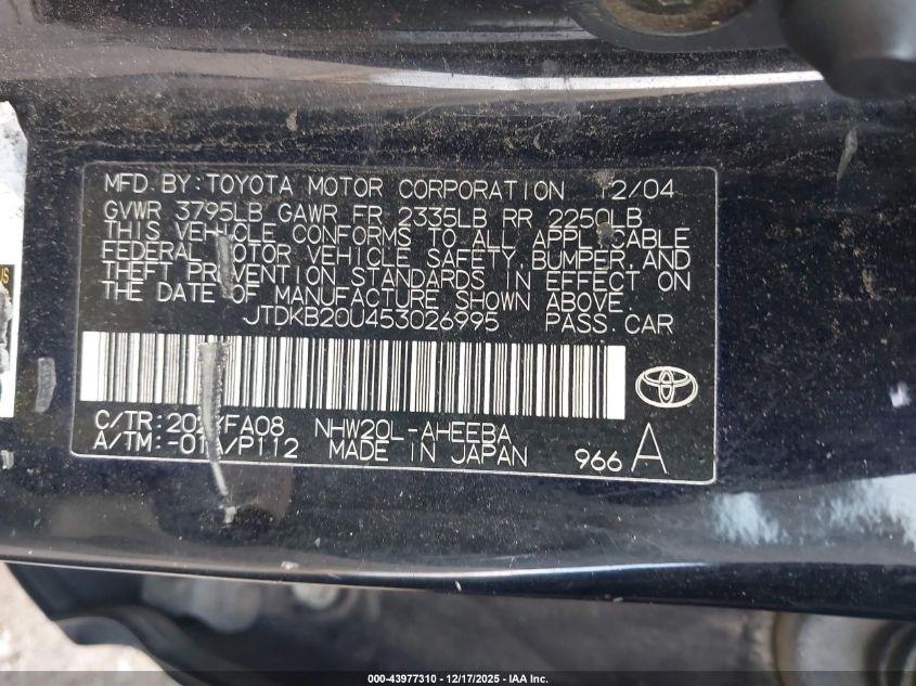 2005 Toyota Prius VIN: JTDKB20U453026995 Lot: 43977310