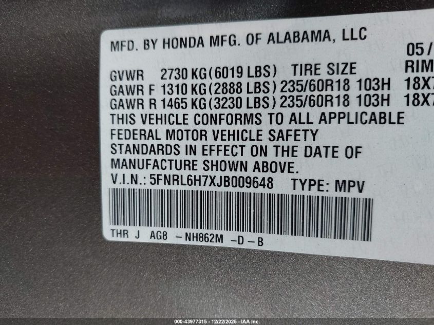 2018 Honda Odyssey Ex-L VIN: 5FNRL6H7XJB009648 Lot: 43977315