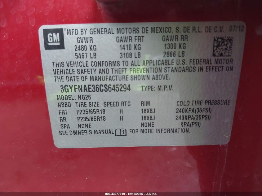 2012 Cadillac Srx Luxury Collection VIN: 3GYFNAE36CS645294 Lot: 43977319