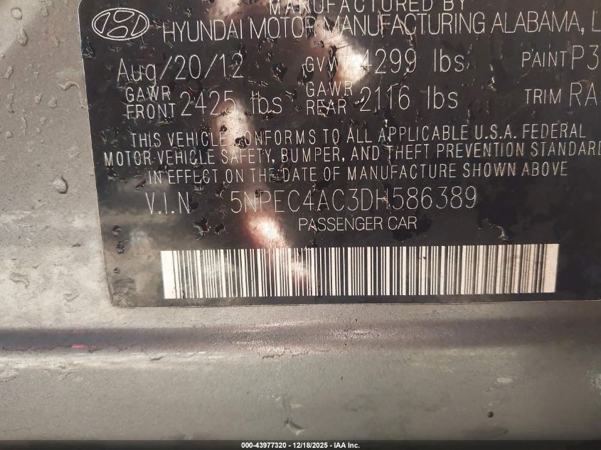 2013 Hyundai Sonata Limited VIN: 5NPEC4AC3DH586389 Lot: 43977320