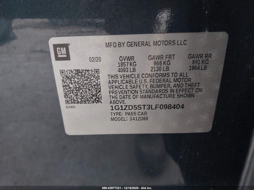 2020 Chevrolet Malibu Fwd Lt VIN: 1G1ZD5ST3LF098404 Lot: 43977321