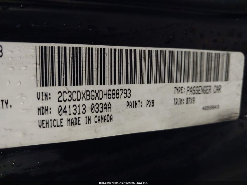 2013 Dodge Charger Se VIN: 2C3CDXBGXDH688793 Lot: 43977322