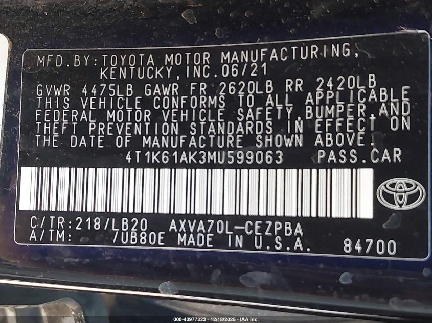 2021 Toyota Camry Xse VIN: 4T1K61AK3MU599063 Lot: 43977323
