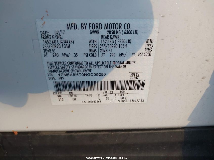 2017 Ford Explorer Platinum VIN: 1FM5K8HT0HGC05250 Lot: 43977324