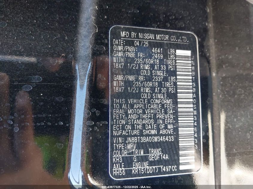 2025 Nissan Rogue Sv Fwd VIN: JN8BT3BA0SW346433 Lot: 43977325