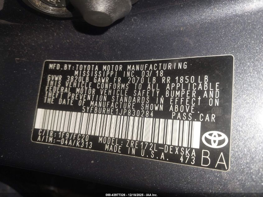 2018 Toyota Corolla Se VIN: 5YFBURHE1JP830284 Lot: 43977326