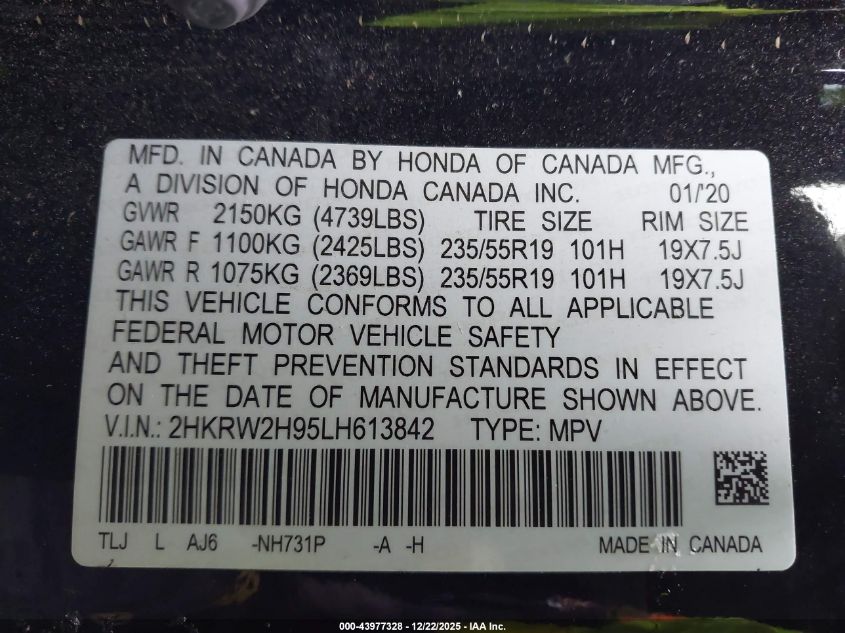 2020 Honda Cr-V Awd Touring VIN: 2HKRW2H95LH613842 Lot: 43977328