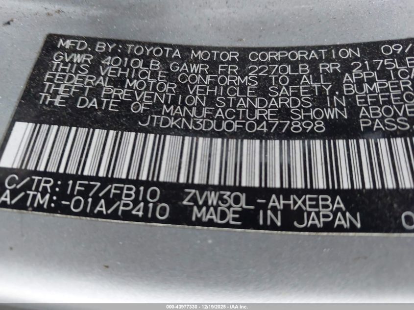 2015 Toyota Prius Two VIN: JTDKN3DU0F0477898 Lot: 43977330