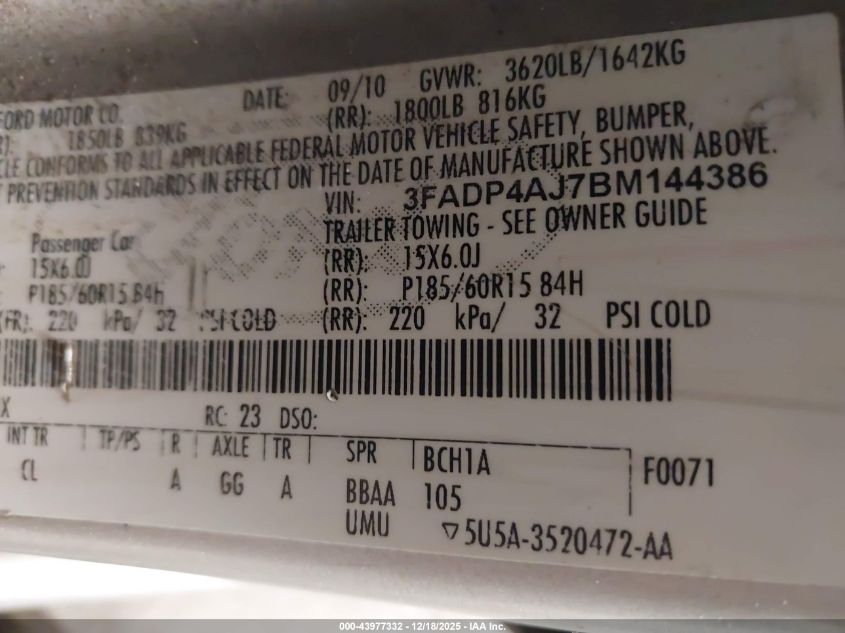 2011 Ford Fiesta S VIN: 3FADP4AJ7BM144386 Lot: 43977332