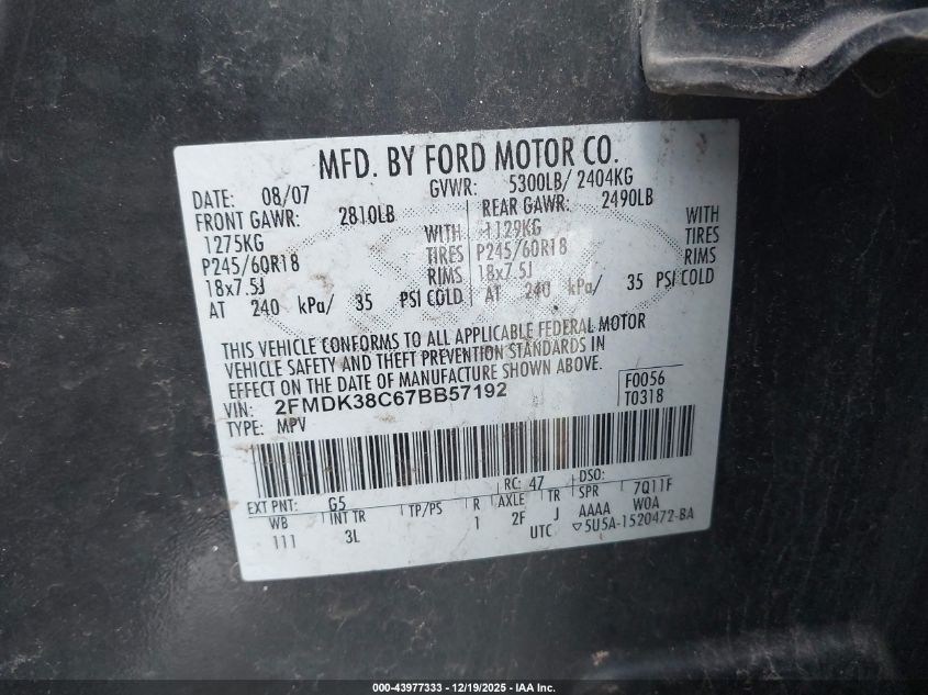 2007 Ford Edge Sel VIN: 2FMDK38C67BB57192 Lot: 43977333