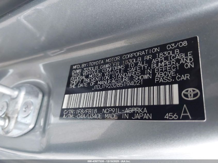 2008 Toyota Yaris VIN: JTDJT923285194021 Lot: 43977335