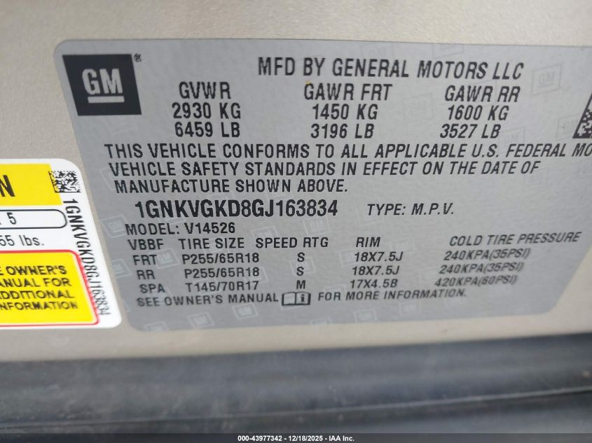 2016 Chevrolet Traverse 1Lt VIN: 1GNKVGKD8GJ163834 Lot: 43977342