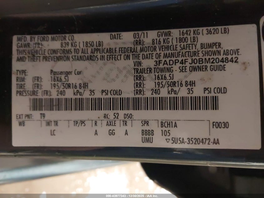 2011 Ford Fiesta Ses VIN: 3FADP4FJ0BM204842 Lot: 43977343