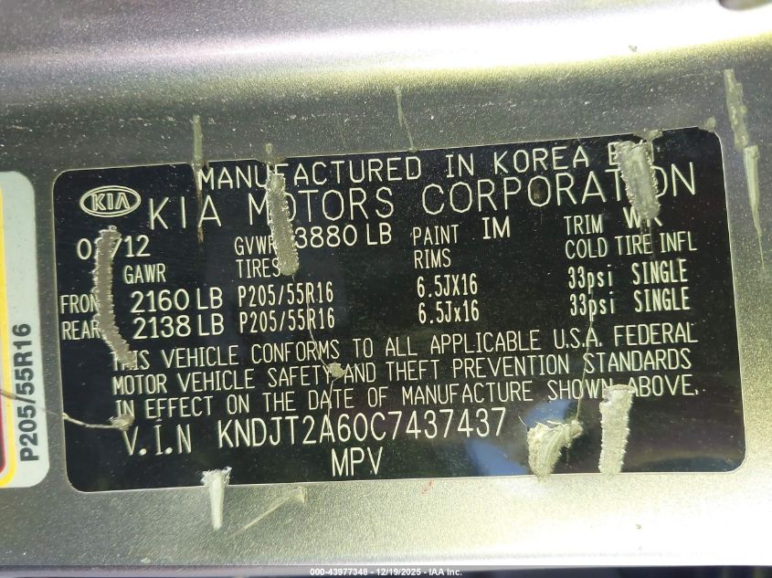 2012 Kia Soul + VIN: KNDJT2A60C7437437 Lot: 43977348