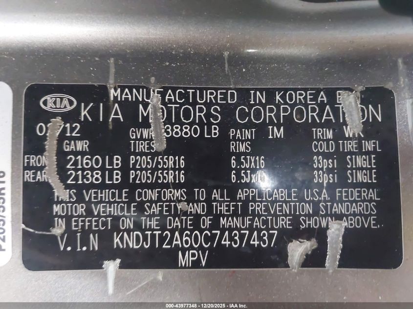 2012 Kia Soul + VIN: KNDJT2A60C7437437 Lot: 43977348