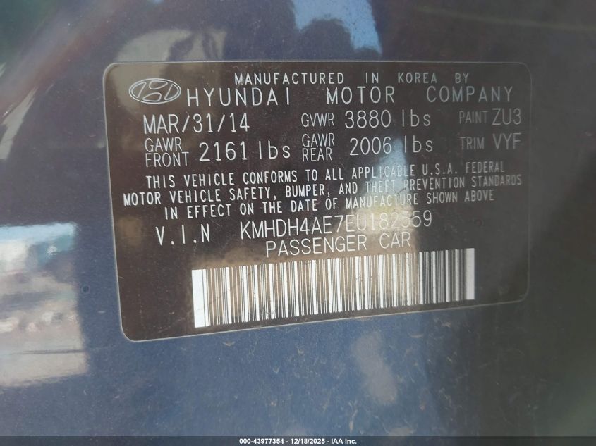 2014 Hyundai Elantra Se VIN: KMHDH4AE7EU182559 Lot: 43977354