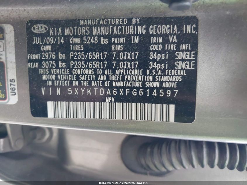 2015 Kia Sorento Lx VIN: 5XYKTDA6XFG614597 Lot: 43977359