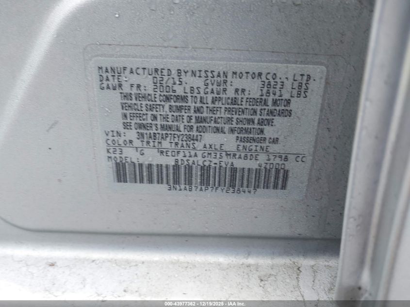 2015 Nissan Sentra S VIN: 3N1AB7AP7FY238447 Lot: 43977362