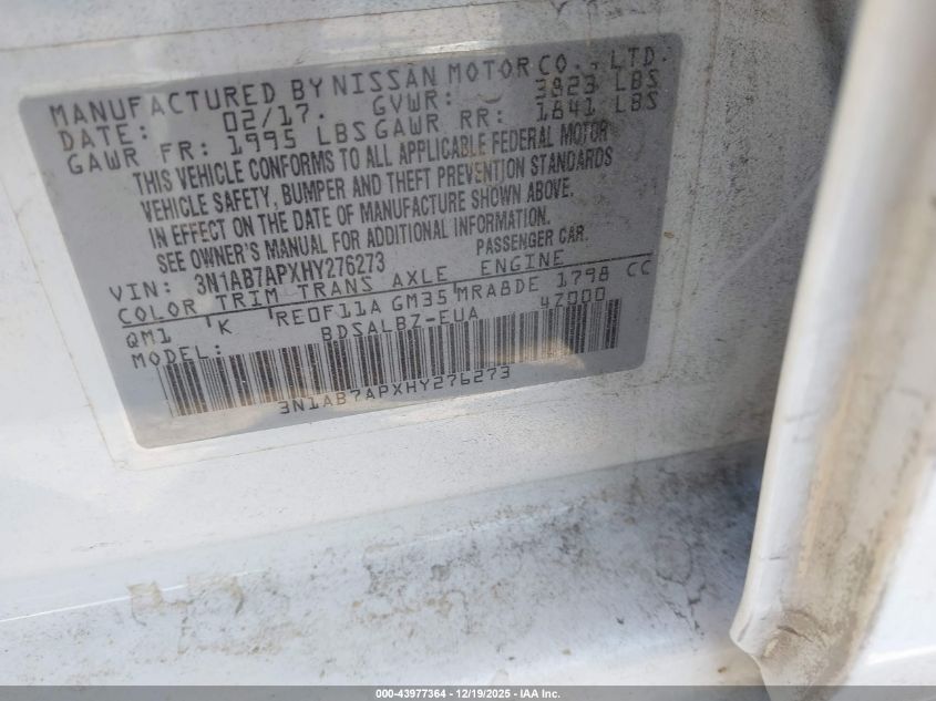 2017 Nissan Sentra S VIN: 3N1AB7APXHY276273 Lot: 43977364