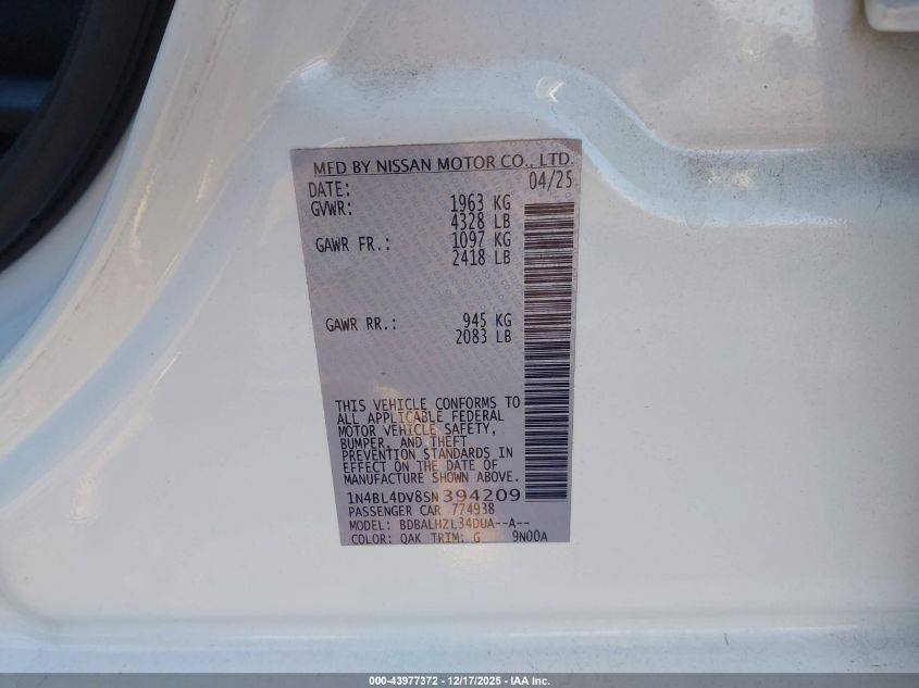 2025 Nissan Altima Sv Fwd VIN: 1N4BL4DV8SN394209 Lot: 43977372