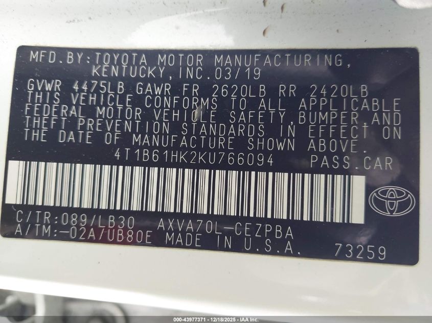 2019 Toyota Camry Xse VIN: 4T1B61HK2KU766094 Lot: 43977371