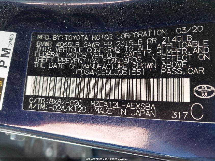 2020 Toyota Corolla Se VIN: JTDS4RCE5LJ051551 Lot: 43977373