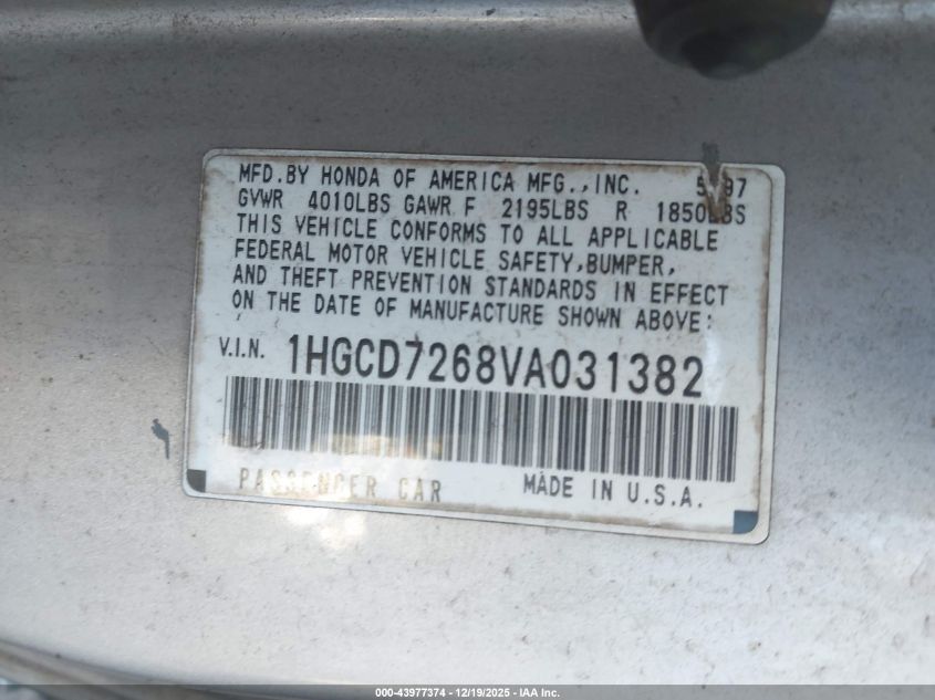 1997 Honda Accord Ex VIN: 1HGCD7268VA031382 Lot: 43977374