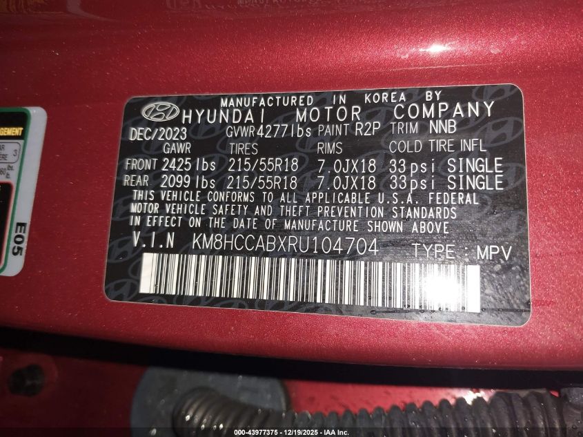 2024 Hyundai Kona Sel VIN: KM8HCCABXRU104704 Lot: 43977375