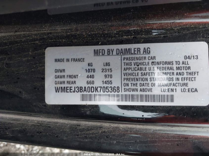 2013 Smart Fortwo Passion VIN: WMEEJ3BA0DK705368 Lot: 43977376