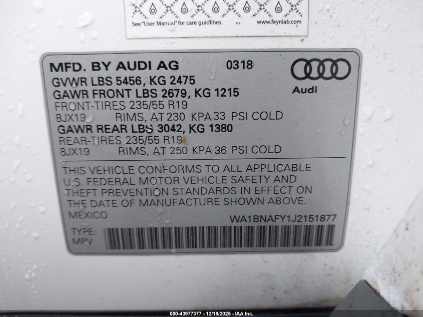 2018 Audi Q5 2.0T Premium/2.0T Tech Premium VIN: WA1BNAFY1J2151877 Lot: 43977377