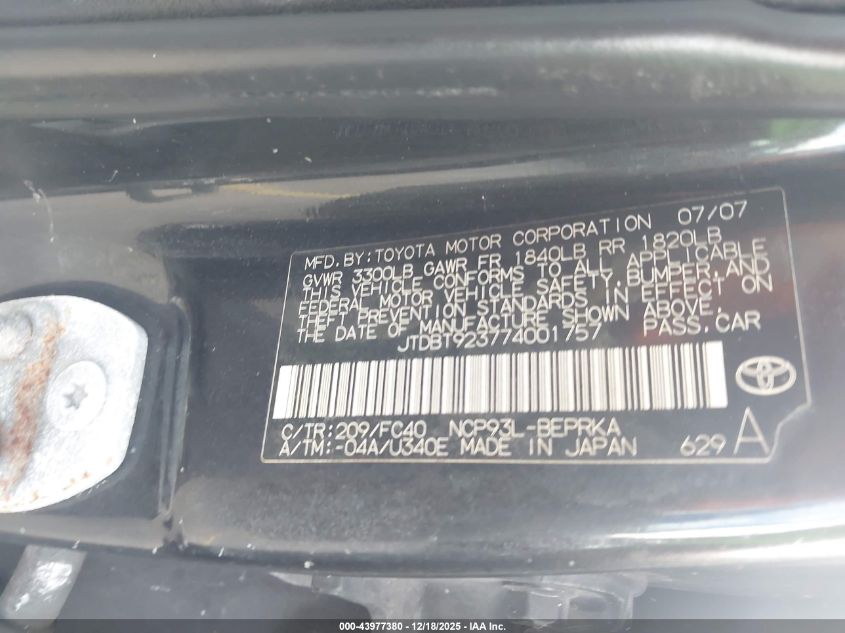 2007 Toyota Yaris VIN: JTDBT923774001757 Lot: 43977380