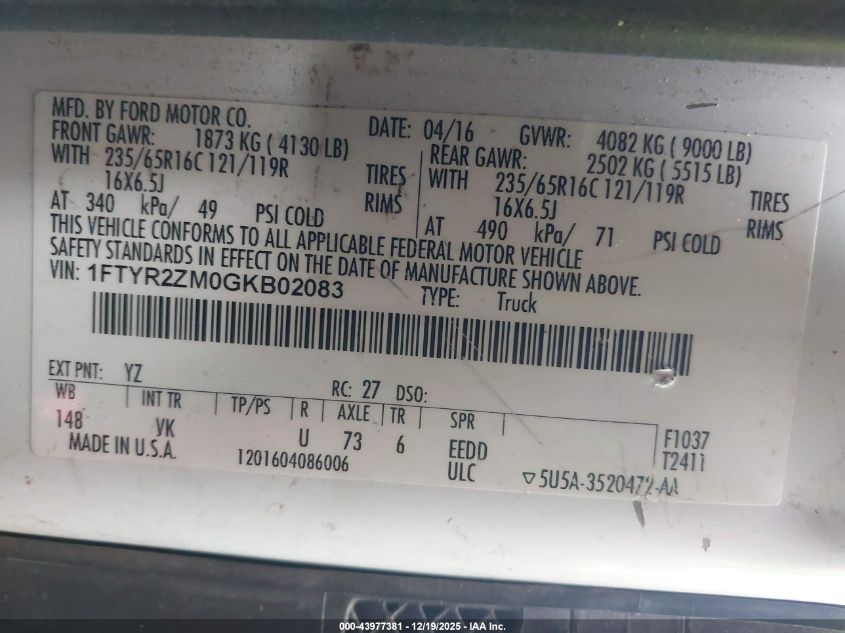 2016 Ford Transit-250 VIN: 1FTYR2ZM0GKB02083 Lot: 43977381