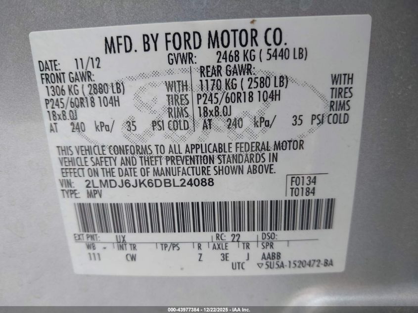 2013 Lincoln Mkx VIN: 2LMDJ6JK6DBL24088 Lot: 43977384