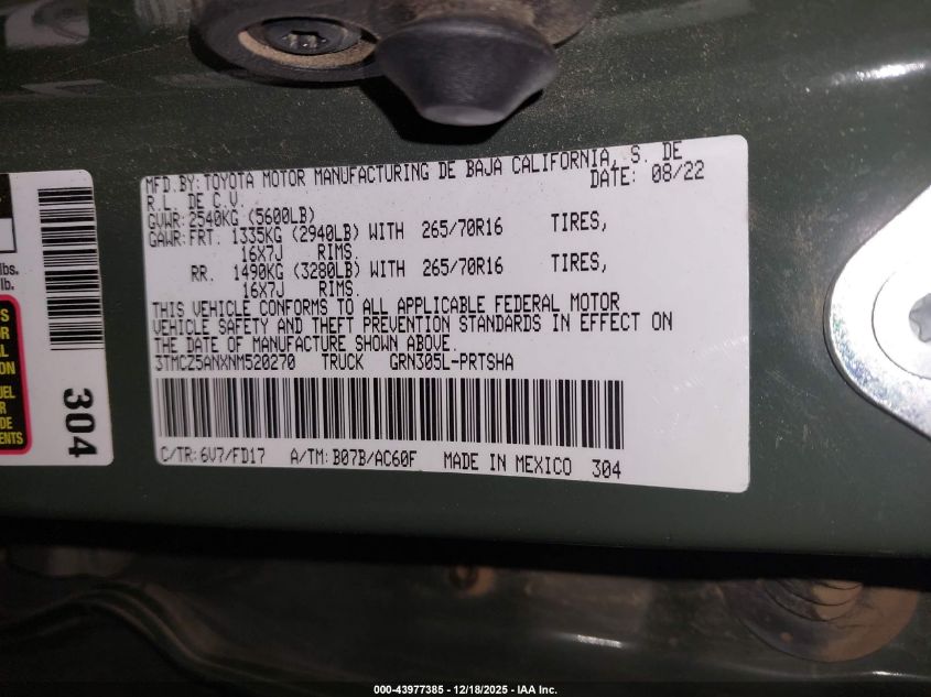 2022 Toyota Tacoma Trd Off Road VIN: 3TMCZ5ANXNM520270 Lot: 43977385