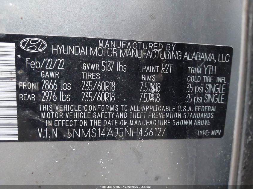 2022 Hyundai Santa Fe Se VIN: 5NMS14AJ5NH436127 Lot: 43977387