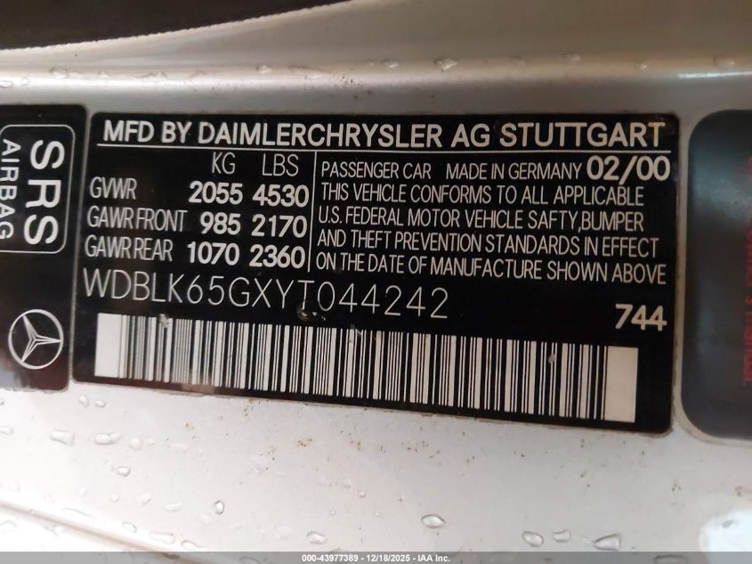 2000 Mercedes-Benz Clk 320 VIN: WDBLK65GXYT044242 Lot: 43977389