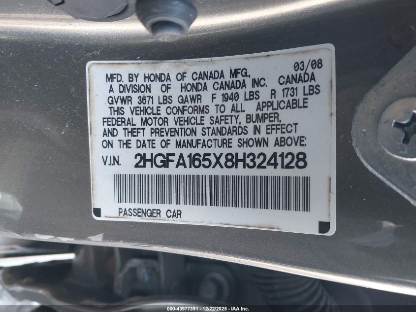 2008 Honda Civic Lx VIN: 2HGFA165X8H324128 Lot: 43977391