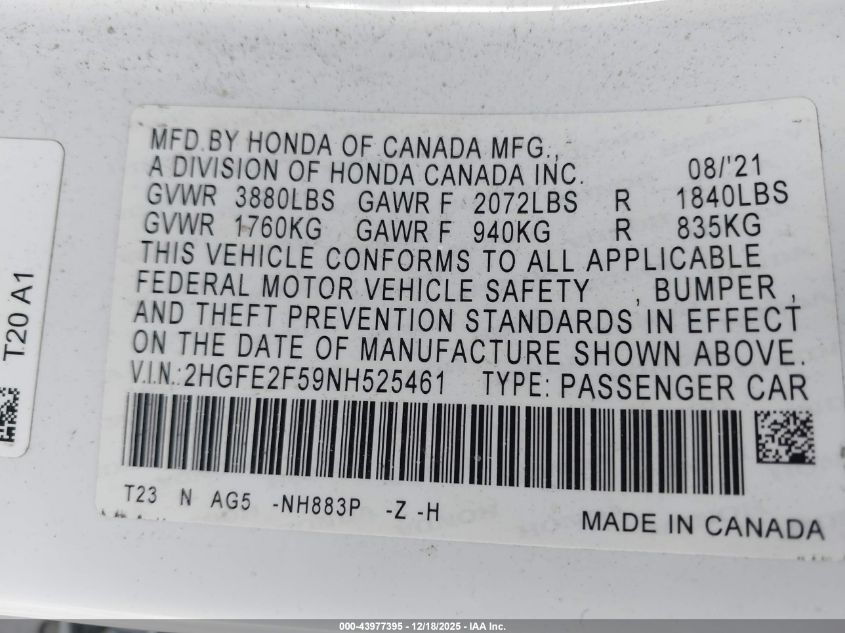 2022 Honda Civic Sport VIN: 2HGFE2F59NH525461 Lot: 43977395
