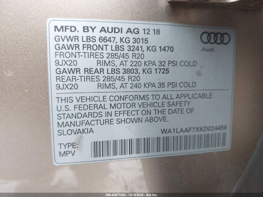 2019 Audi Q7 55 Premium/55 Se Premium VIN: WA1LAAF7XKD024459 Lot: 43977394