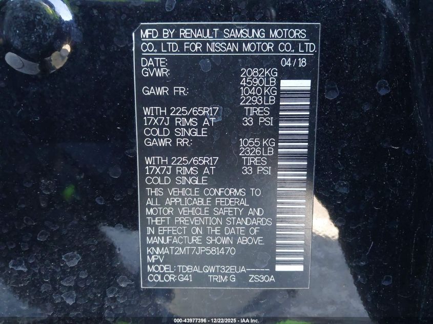 2018 Nissan Rogue Sv VIN: KNMAT2MT7JP581470 Lot: 43977396