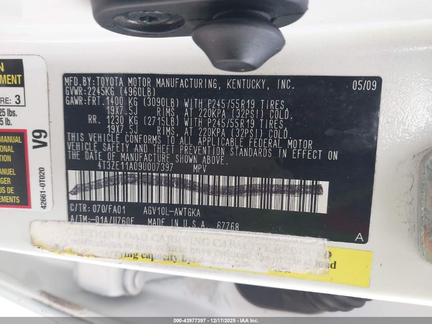 2009 Toyota Venza VIN: 4T3ZE11A09U007397 Lot: 43977397