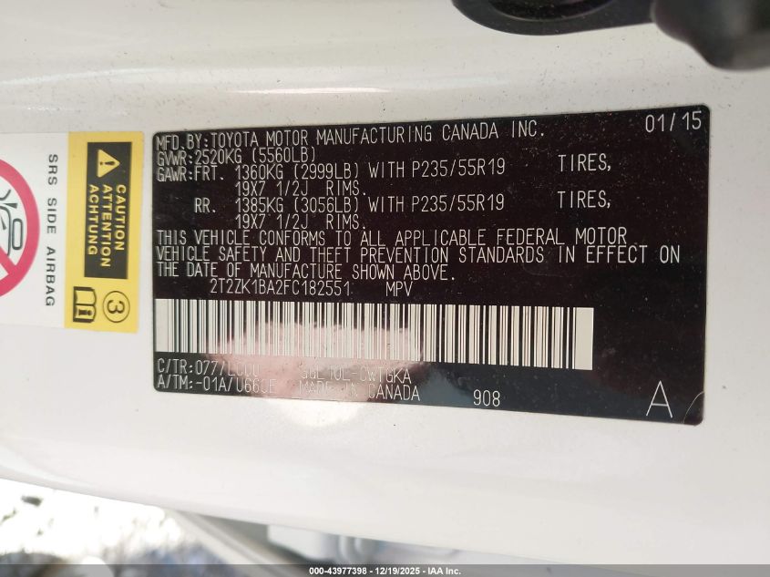 2015 Lexus Rx 350 VIN: 2T2ZK1BA2FC182551 Lot: 43977398